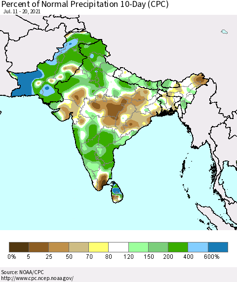 Southern Asia Percent of Normal Precipitation 10-Day (CPC) Thematic Map For 7/11/2021 - 7/20/2021