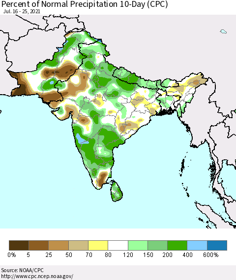 Southern Asia Percent of Normal Precipitation 10-Day (CPC) Thematic Map For 7/16/2021 - 7/25/2021