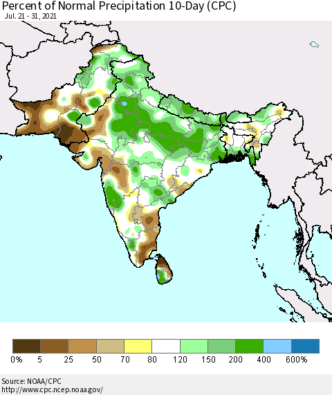 Southern Asia Percent of Normal Precipitation 10-Day (CPC) Thematic Map For 7/21/2021 - 7/31/2021