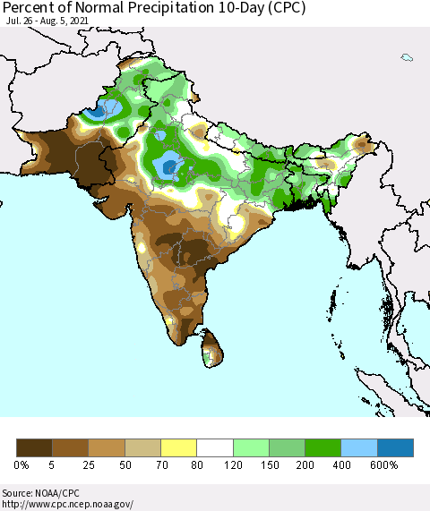 Southern Asia Percent of Normal Precipitation 10-Day (CPC) Thematic Map For 7/26/2021 - 8/5/2021
