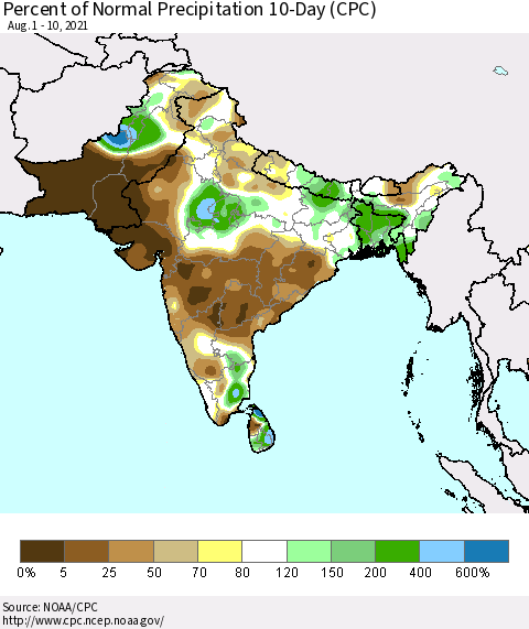Southern Asia Percent of Normal Precipitation 10-Day (CPC) Thematic Map For 8/1/2021 - 8/10/2021