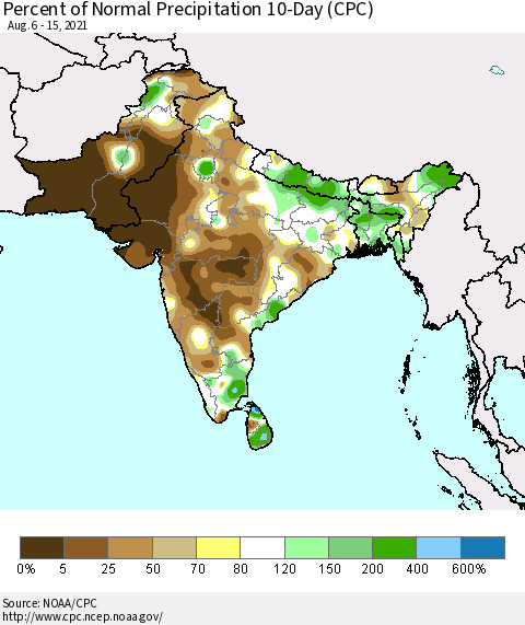 Southern Asia Percent of Normal Precipitation 10-Day (CPC) Thematic Map For 8/6/2021 - 8/15/2021
