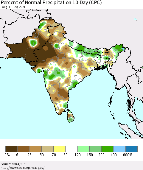 Southern Asia Percent of Normal Precipitation 10-Day (CPC) Thematic Map For 8/11/2021 - 8/20/2021