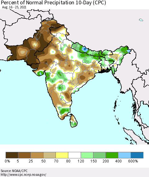 Southern Asia Percent of Normal Precipitation 10-Day (CPC) Thematic Map For 8/16/2021 - 8/25/2021