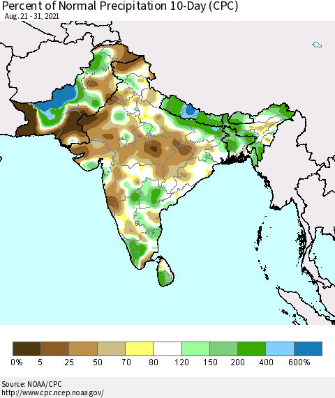 Southern Asia Percent of Normal Precipitation 10-Day (CPC) Thematic Map For 8/21/2021 - 8/31/2021