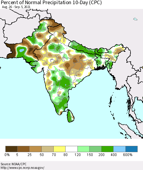 Southern Asia Percent of Normal Precipitation 10-Day (CPC) Thematic Map For 8/26/2021 - 9/5/2021
