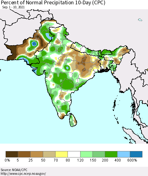 Southern Asia Percent of Normal Precipitation 10-Day (CPC) Thematic Map For 9/1/2021 - 9/10/2021