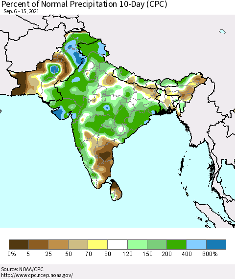 Southern Asia Percent of Normal Precipitation 10-Day (CPC) Thematic Map For 9/6/2021 - 9/15/2021