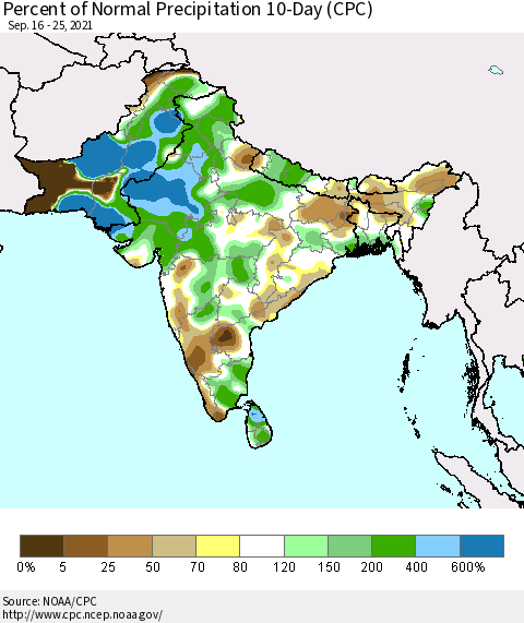 Southern Asia Percent of Normal Precipitation 10-Day (CPC) Thematic Map For 9/16/2021 - 9/25/2021