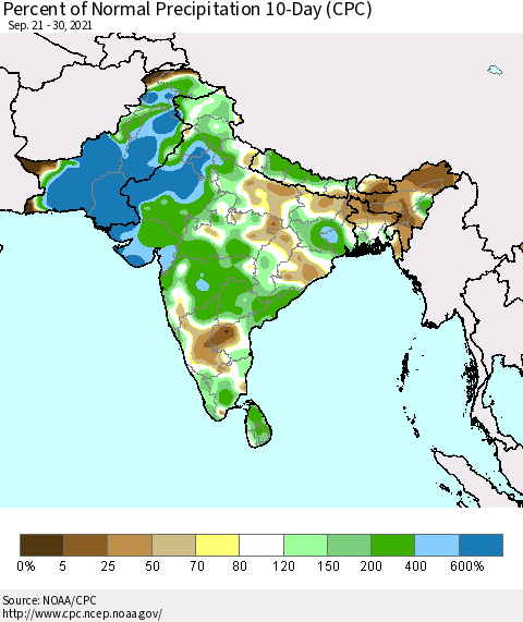 Southern Asia Percent of Normal Precipitation 10-Day (CPC) Thematic Map For 9/21/2021 - 9/30/2021