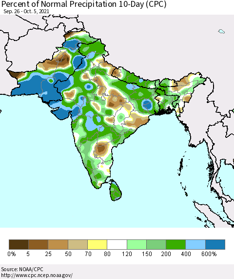 Southern Asia Percent of Normal Precipitation 10-Day (CPC) Thematic Map For 9/26/2021 - 10/5/2021