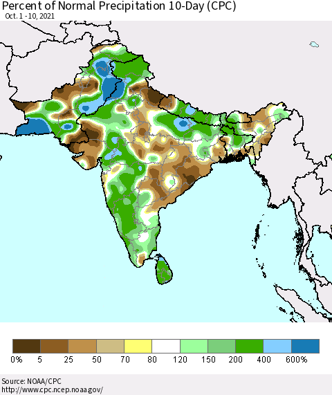 Southern Asia Percent of Normal Precipitation 10-Day (CPC) Thematic Map For 10/1/2021 - 10/10/2021
