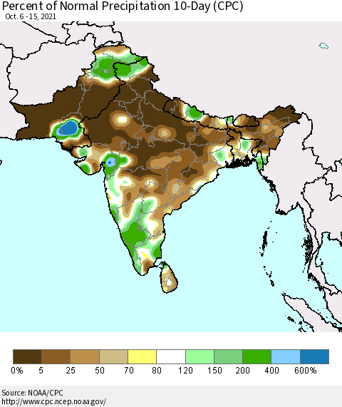 Southern Asia Percent of Normal Precipitation 10-Day (CPC) Thematic Map For 10/6/2021 - 10/15/2021