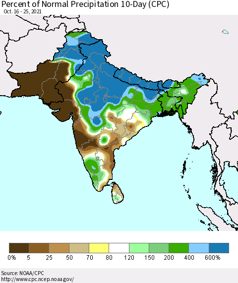 Southern Asia Percent of Normal Precipitation 10-Day (CPC) Thematic Map For 10/16/2021 - 10/25/2021