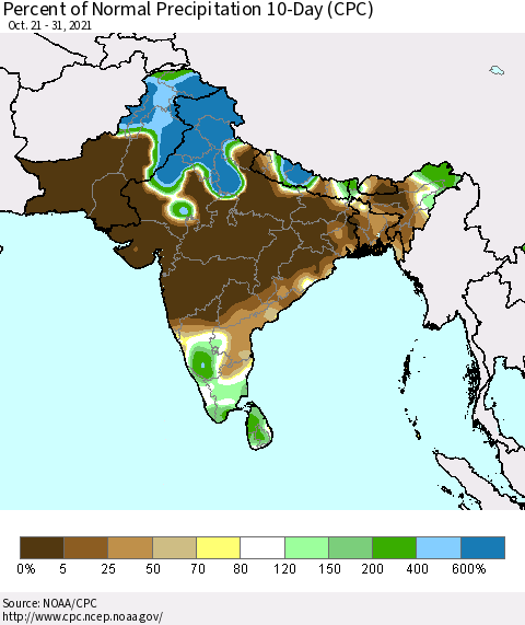 Southern Asia Percent of Normal Precipitation 10-Day (CPC) Thematic Map For 10/21/2021 - 10/31/2021