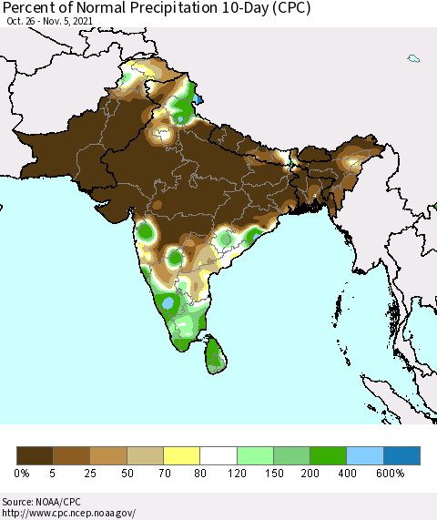 Southern Asia Percent of Normal Precipitation 10-Day (CPC) Thematic Map For 10/26/2021 - 11/5/2021