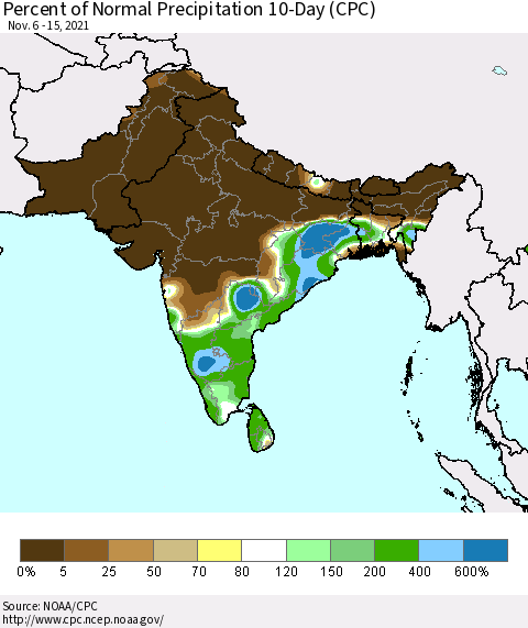 Southern Asia Percent of Normal Precipitation 10-Day (CPC) Thematic Map For 11/6/2021 - 11/15/2021