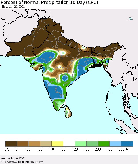 Southern Asia Percent of Normal Precipitation 10-Day (CPC) Thematic Map For 11/11/2021 - 11/20/2021