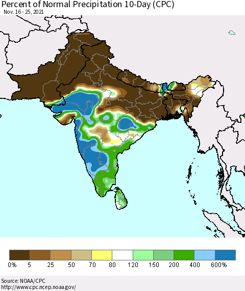 Southern Asia Percent of Normal Precipitation 10-Day (CPC) Thematic Map For 11/16/2021 - 11/25/2021