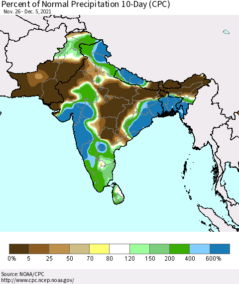 Southern Asia Percent of Normal Precipitation 10-Day (CPC) Thematic Map For 11/26/2021 - 12/5/2021