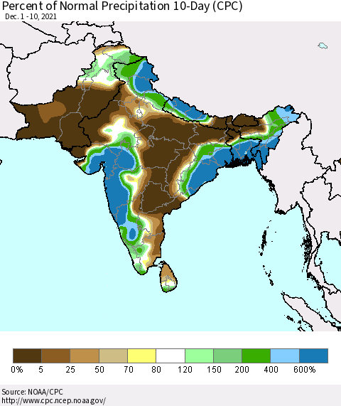 Southern Asia Percent of Normal Precipitation 10-Day (CPC) Thematic Map For 12/1/2021 - 12/10/2021