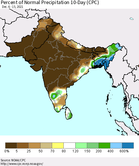 Southern Asia Percent of Normal Precipitation 10-Day (CPC) Thematic Map For 12/6/2021 - 12/15/2021