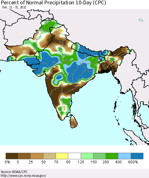 Southern Asia Percent of Normal Precipitation 10-Day (CPC) Thematic Map For 12/21/2021 - 12/31/2021