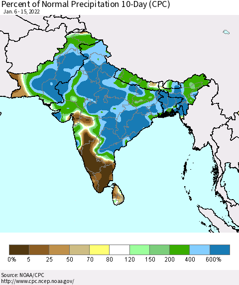 Southern Asia Percent of Normal Precipitation 10-Day (CPC) Thematic Map For 1/6/2022 - 1/15/2022