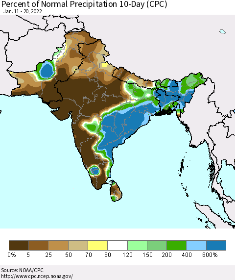 Southern Asia Percent of Normal Precipitation 10-Day (CPC) Thematic Map For 1/11/2022 - 1/20/2022