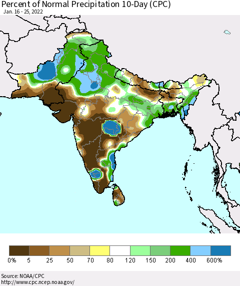 Southern Asia Percent of Normal Precipitation 10-Day (CPC) Thematic Map For 1/16/2022 - 1/25/2022