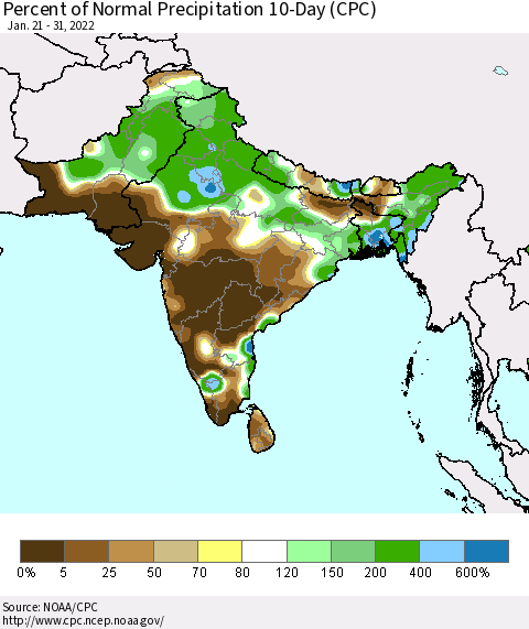 Southern Asia Percent of Normal Precipitation 10-Day (CPC) Thematic Map For 1/21/2022 - 1/31/2022