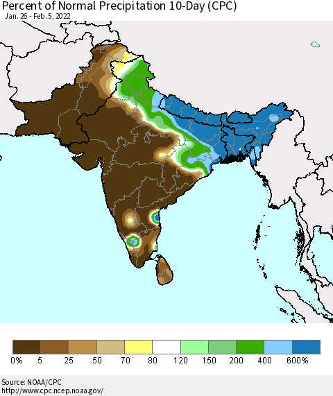 Southern Asia Percent of Normal Precipitation 10-Day (CPC) Thematic Map For 1/26/2022 - 2/5/2022