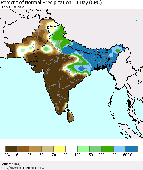 Southern Asia Percent of Normal Precipitation 10-Day (CPC) Thematic Map For 2/1/2022 - 2/10/2022