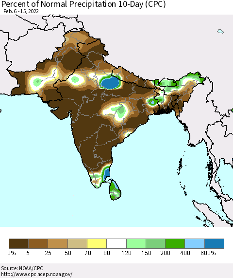 Southern Asia Percent of Normal Precipitation 10-Day (CPC) Thematic Map For 2/6/2022 - 2/15/2022