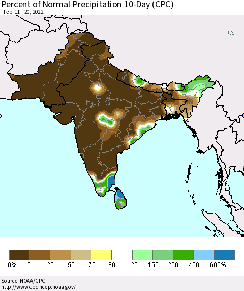 Southern Asia Percent of Normal Precipitation 10-Day (CPC) Thematic Map For 2/11/2022 - 2/20/2022
