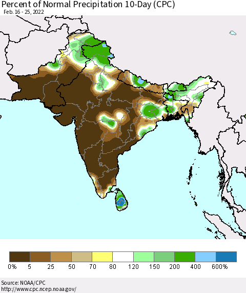 Southern Asia Percent of Normal Precipitation 10-Day (CPC) Thematic Map For 2/16/2022 - 2/25/2022