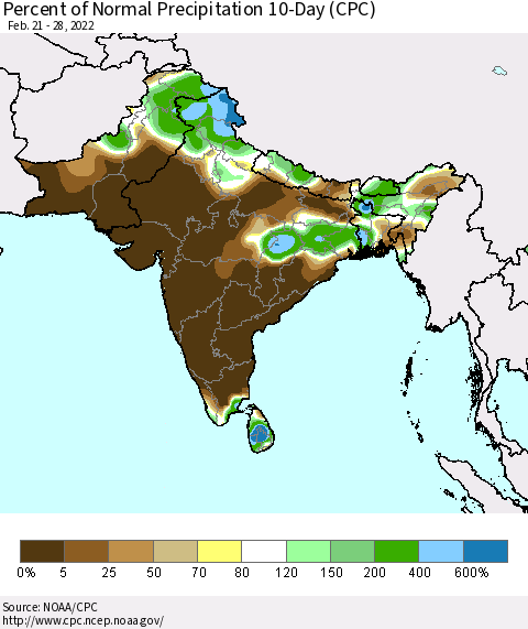 Southern Asia Percent of Normal Precipitation 10-Day (CPC) Thematic Map For 2/21/2022 - 2/28/2022