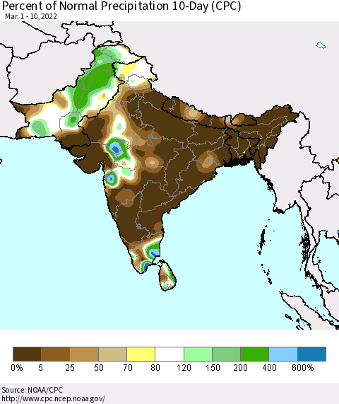 Southern Asia Percent of Normal Precipitation 10-Day (CPC) Thematic Map For 3/1/2022 - 3/10/2022