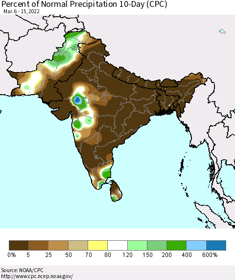 Southern Asia Percent of Normal Precipitation 10-Day (CPC) Thematic Map For 3/6/2022 - 3/15/2022
