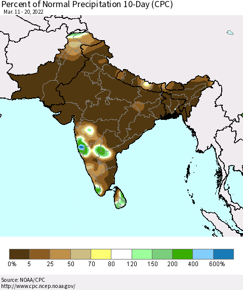 Southern Asia Percent of Normal Precipitation 10-Day (CPC) Thematic Map For 3/11/2022 - 3/20/2022