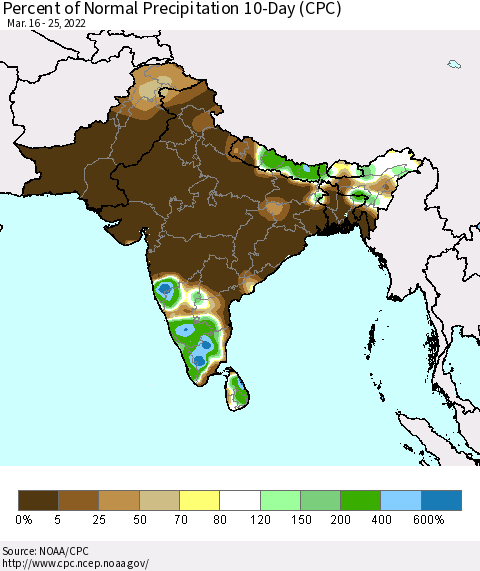 Southern Asia Percent of Normal Precipitation 10-Day (CPC) Thematic Map For 3/16/2022 - 3/25/2022