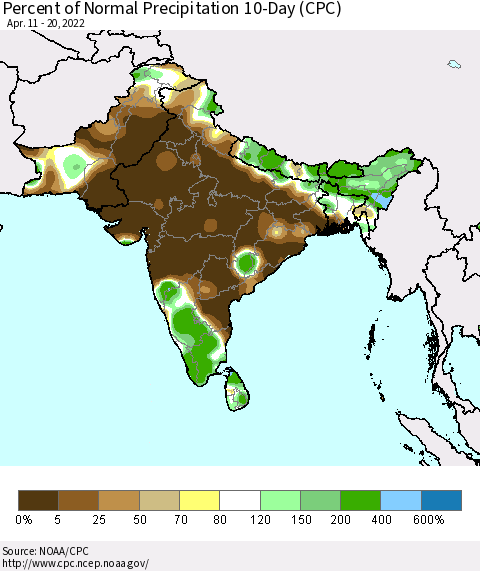 Southern Asia Percent of Normal Precipitation 10-Day (CPC) Thematic Map For 4/11/2022 - 4/20/2022