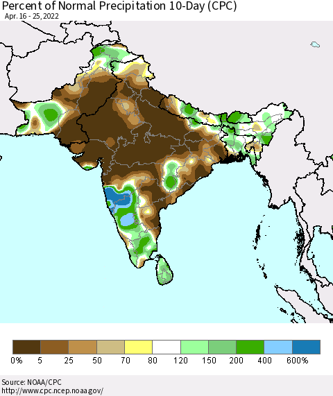 Southern Asia Percent of Normal Precipitation 10-Day (CPC) Thematic Map For 4/16/2022 - 4/25/2022