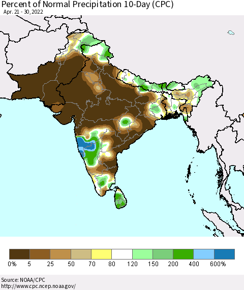 Southern Asia Percent of Normal Precipitation 10-Day (CPC) Thematic Map For 4/21/2022 - 4/30/2022