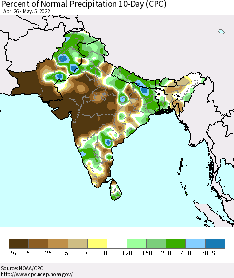 Southern Asia Percent of Normal Precipitation 10-Day (CPC) Thematic Map For 4/26/2022 - 5/5/2022