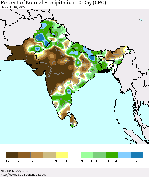 Southern Asia Percent of Normal Precipitation 10-Day (CPC) Thematic Map For 5/1/2022 - 5/10/2022