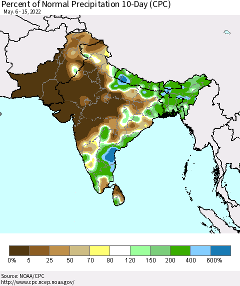 Southern Asia Percent of Normal Precipitation 10-Day (CPC) Thematic Map For 5/6/2022 - 5/15/2022
