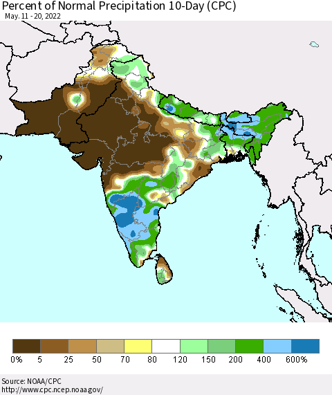 Southern Asia Percent of Normal Precipitation 10-Day (CPC) Thematic Map For 5/11/2022 - 5/20/2022