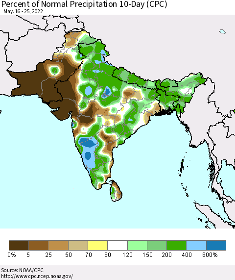 Southern Asia Percent of Normal Precipitation 10-Day (CPC) Thematic Map For 5/16/2022 - 5/25/2022