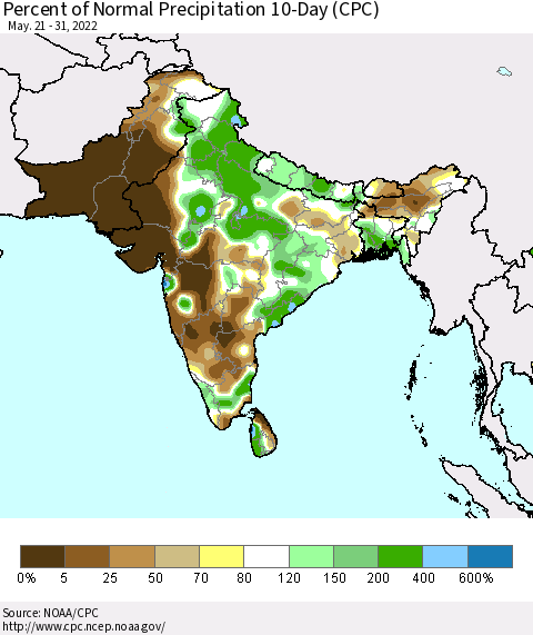 Southern Asia Percent of Normal Precipitation 10-Day (CPC) Thematic Map For 5/21/2022 - 5/31/2022